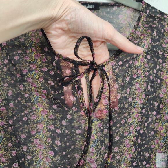 Mosaique Sheer Top Womens Large Black Floral Keyhole Japanese Designer Preppy - Picture 3 of 9